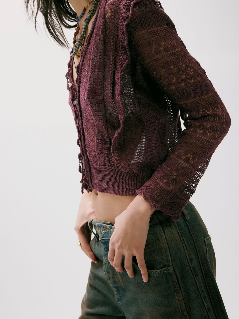 Free People Boho Crochet Knit Cardigan Plum Lace Tie Front Long Sleeve - Picture 5 of 5